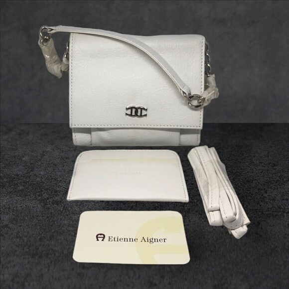ETIENNE AIGNER White Pebble Leather Crossbody Handbag With Card Wallet NWT
